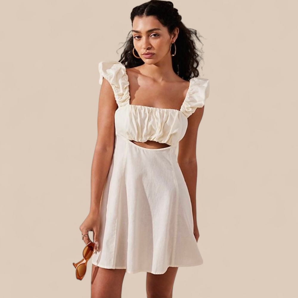 Free People Linen Bom Bom Island Mini Sz‎ L Puff Straps Cutout Bow Back Cottage
